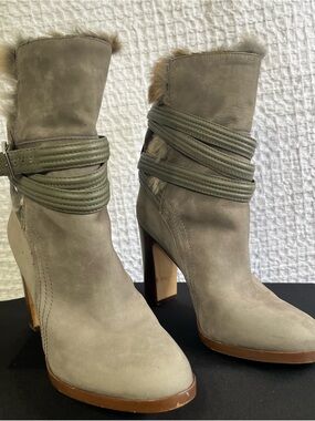 Vince Camuto Taupe Suede Wrap-Detail High-Heel Ankle Boots